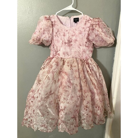 Pink Floral Bardot Junior Girls Dress Size 16 With Puff Sleeves & Back Zipper - Picture 1 of 6